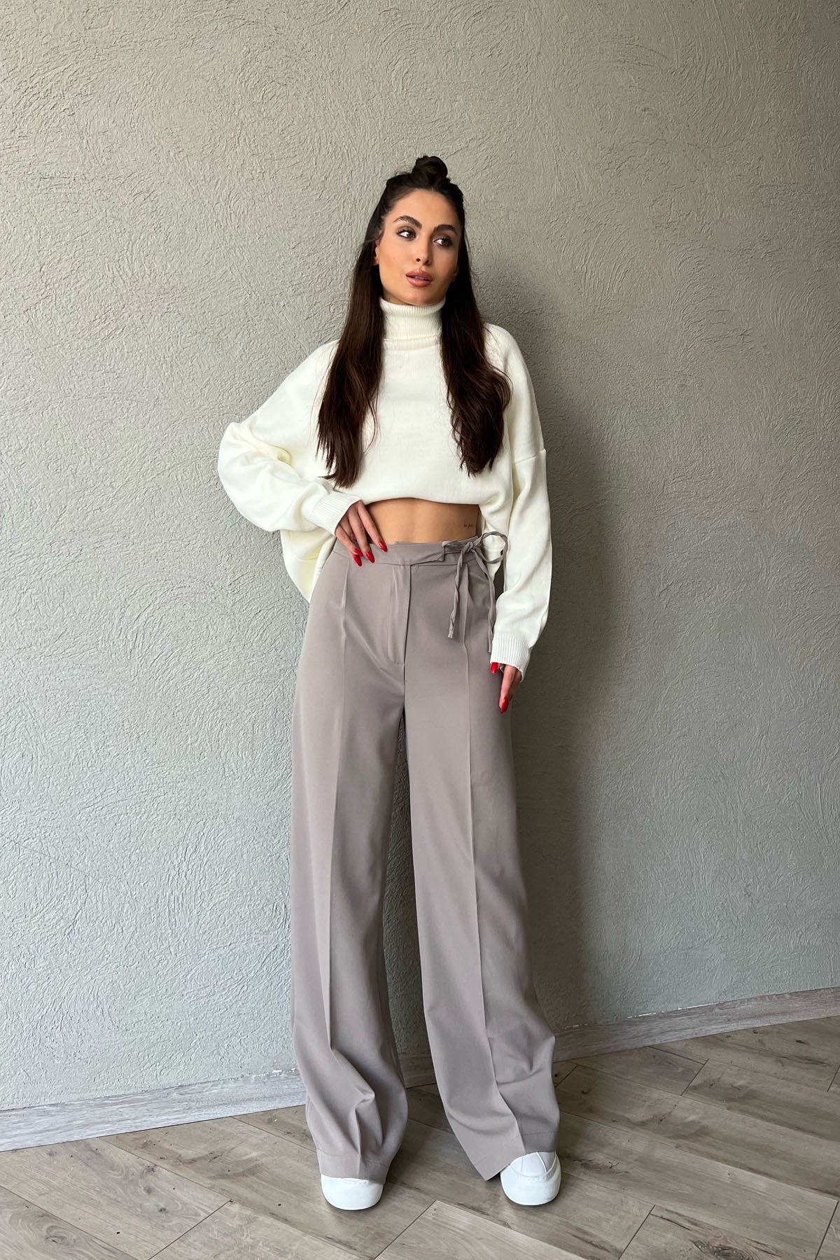 Gri Beli İpli Tek Pileli Bol Paça Pantolon SY-1351-Gri