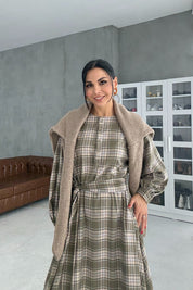 Ekose Desenli Kuşaklı Midi Elbise SY-3465-Haki
