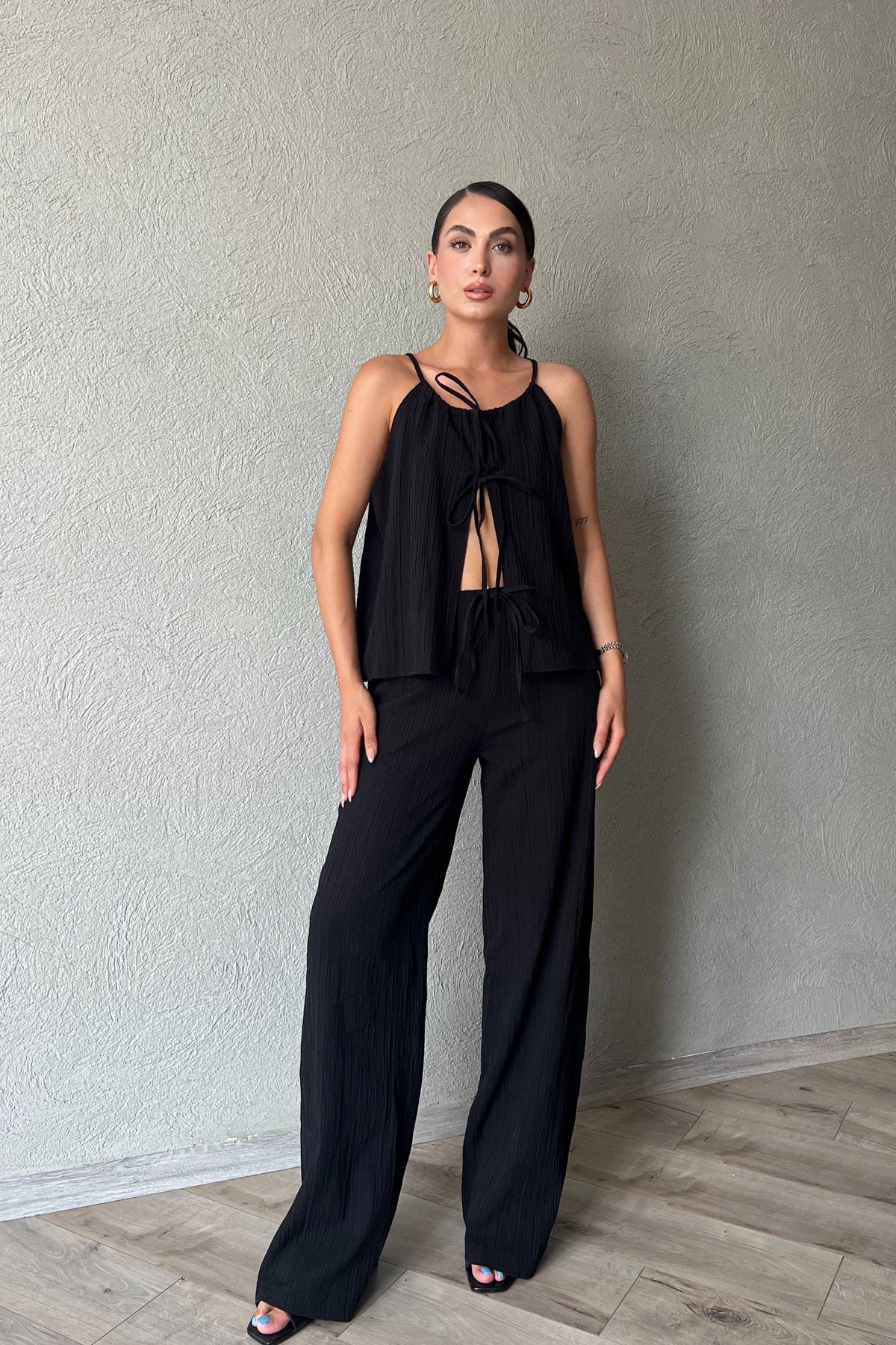 Siyah İp Askılı Bluz Pantolon Takım SY-2259-Siyah