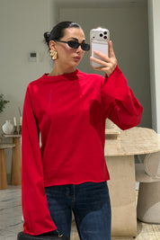 Kırmızı Oversize İspanyol Kol Basic T-Shirt SY-3846-Kırmızı
