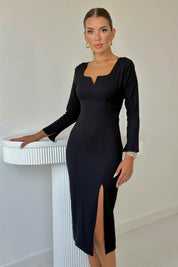 Siyah Arkası Pencere Detaylı Önü Yırtmaçlı Midi Elbise SY-1622-Siyah