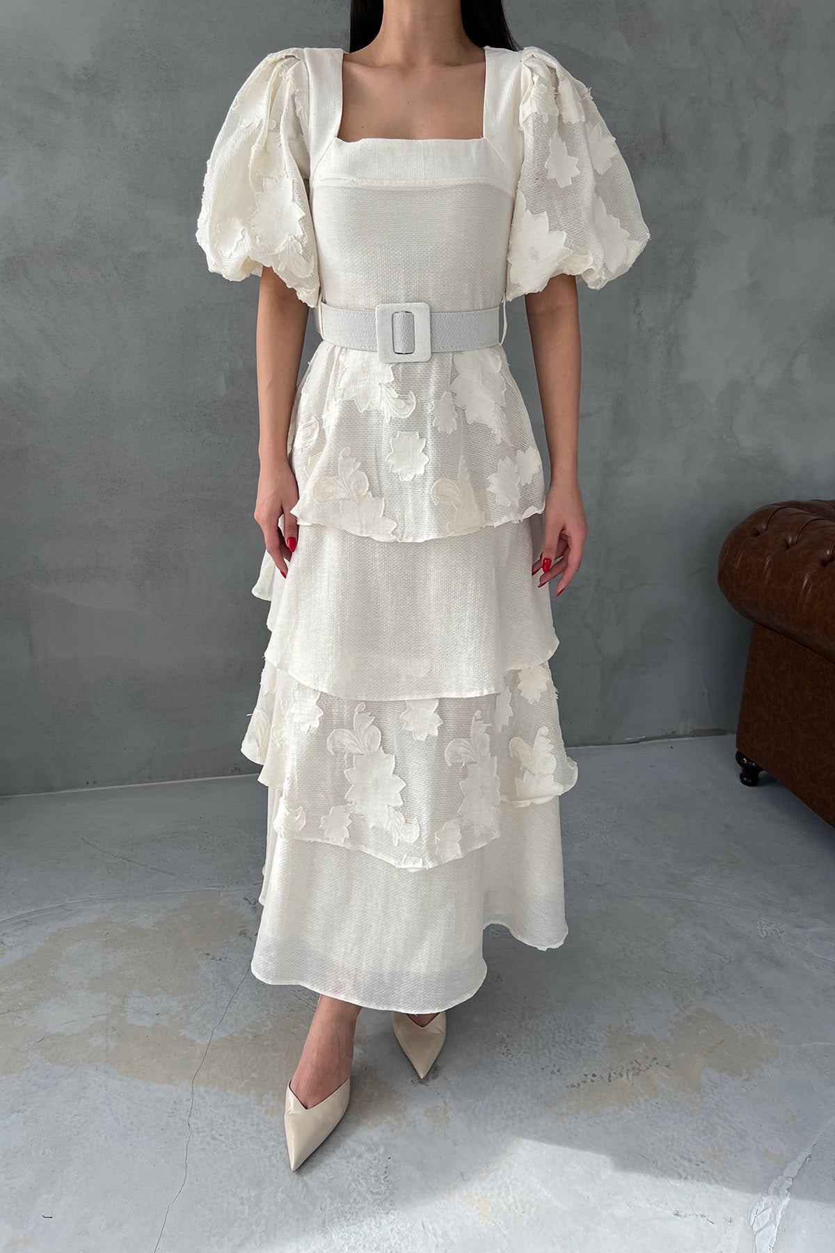 Bej Tasarım Kat Detaylı Pinterest Lipari Elbise SY-3027-Bej