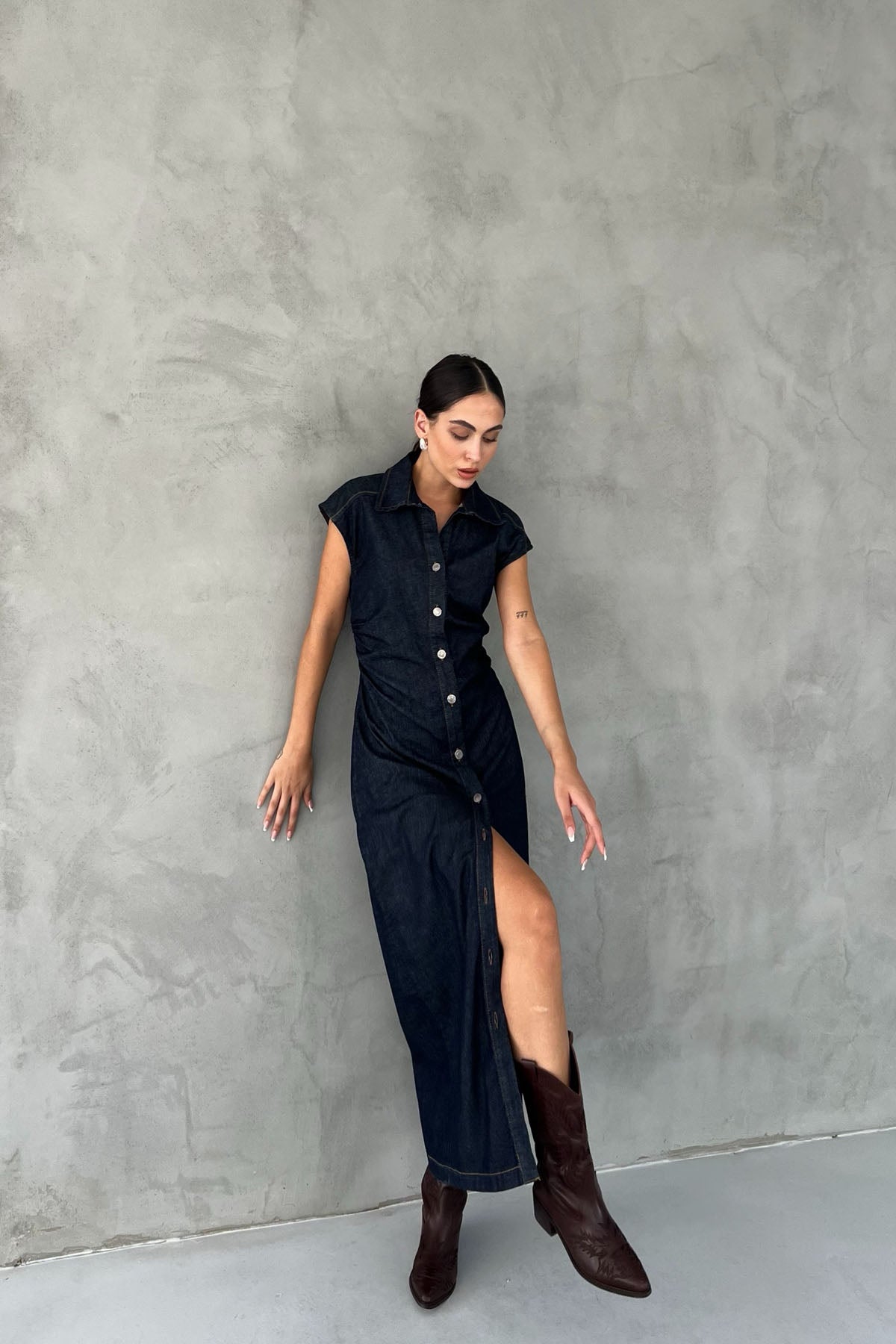 Koyu Lacivert Beli Büzgü Detaylı Düğmeli Denim Elbise SY-2493-Koyu Lacivert