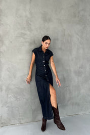 Koyu Lacivert Beli Büzgü Detaylı Düğmeli Denim Elbise SY-2493-Koyu Lacivert