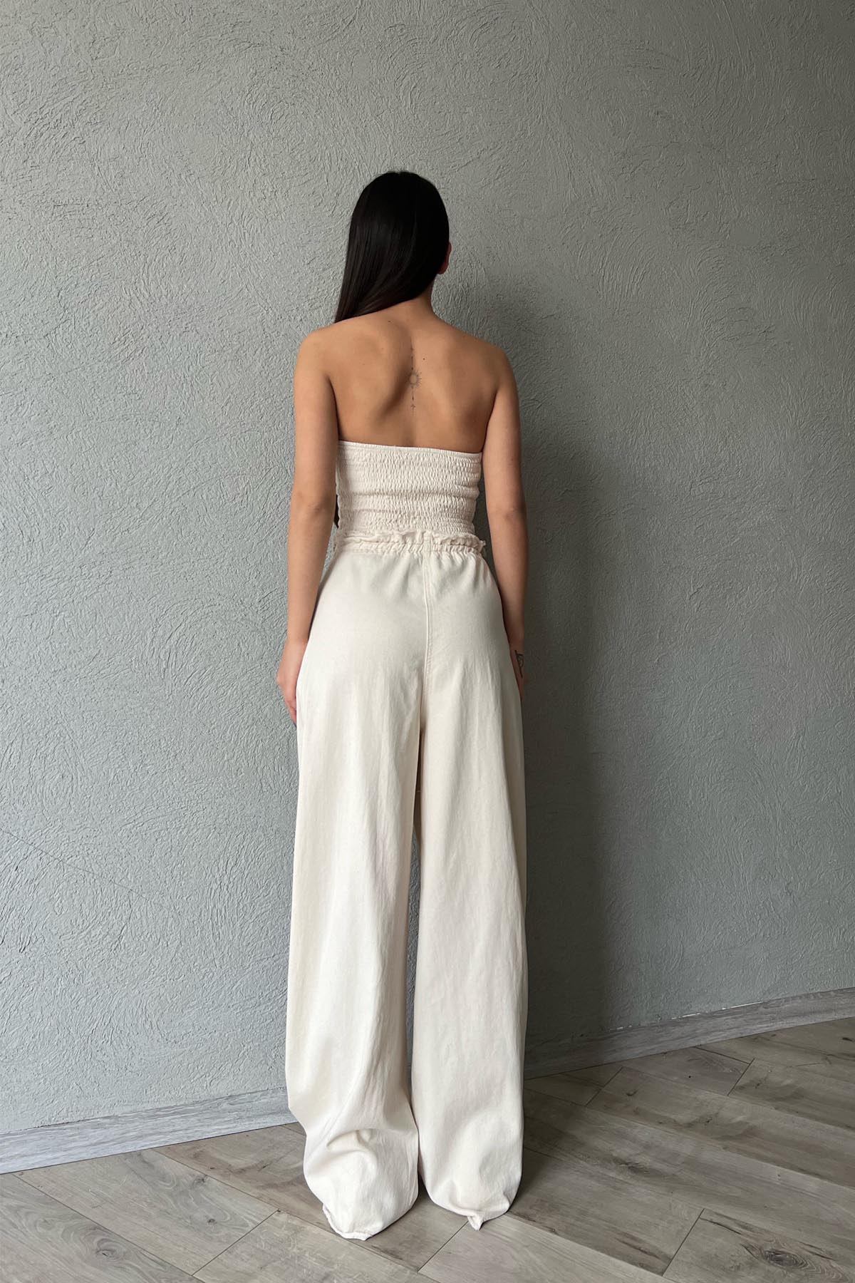 Bej Beli Bağcıklı Yıkama Detaylı Pantolon SY-1852-Bej