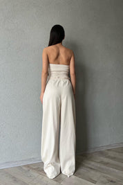 Bej Beli Bağcıklı Yıkama Detaylı Pantolon SY-1852-Bej