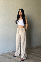 Bej Yama Cep Detaylı Bol Paça Keten Pantolon SY-2041-Bej