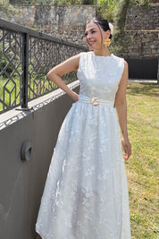 Santorini Çiçek Desenli Midi Elbise-Beyaz SY-3661-Beyaz