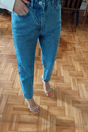 Koyu Mavi Taşlı Yüksek Bel Mom Fit Jean SY-0004-Koyu Mavi