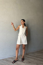 Ekru Gipeli Çizgili Şortlu Takım SY-2327-Ekru Çizgili