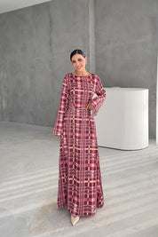 Ekoseli Zincir Kemer Detaylı Maxi Elbise SY-3365-Ekoseli