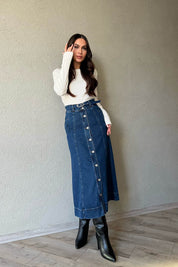 Koyu Lacivert Önü Düğme Detay Kemerli Denim Etek SY-1573-Koyu Lacivert