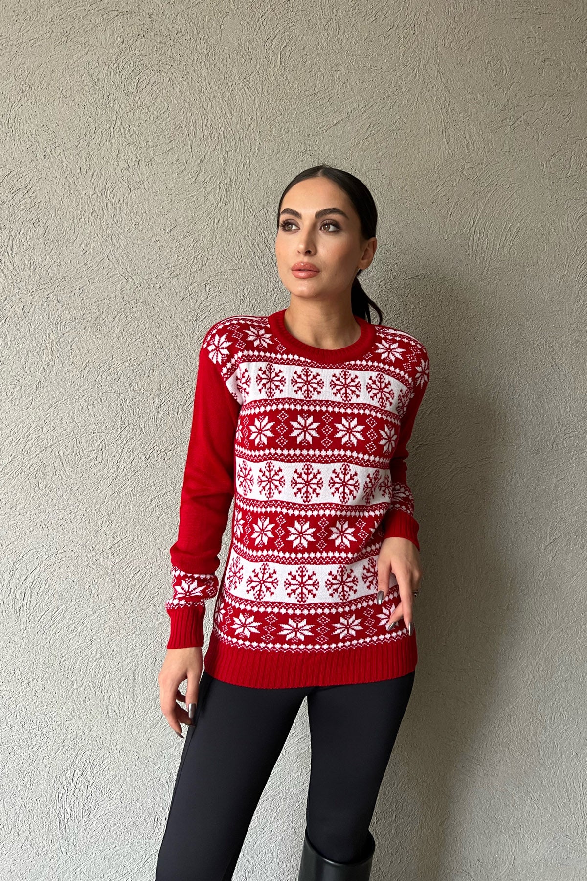 Kırmızı Beyaz Bisiklet Yaka Temalı Kazak SY-1387-Kırmızı