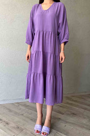 Müslin Kumaş V Yaka Rahat Kesim Mor Elbise SY-1939-Mor