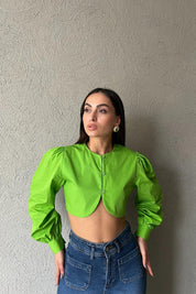 Yeşil Düğme Detaylı Crop Gömlek SY-1856-Yeşil