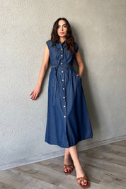 Mavi Vatkalı ÇıtÇıt Detaylı Elbise SY-2125-Mavi