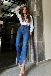 Koyu Mavi Paçası Taş ve Zincir Detay Jean SY-0346-Koyu Mavi