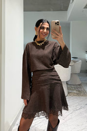 Brown Beli Büzgüli Dantel Detaylı Midi Elbise SY-3499-Kahverengi