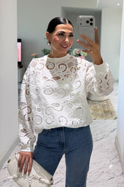 Beyaz Dantel İşlemeli Bisiklet Yaka Bluz SY-3838-Beyaz