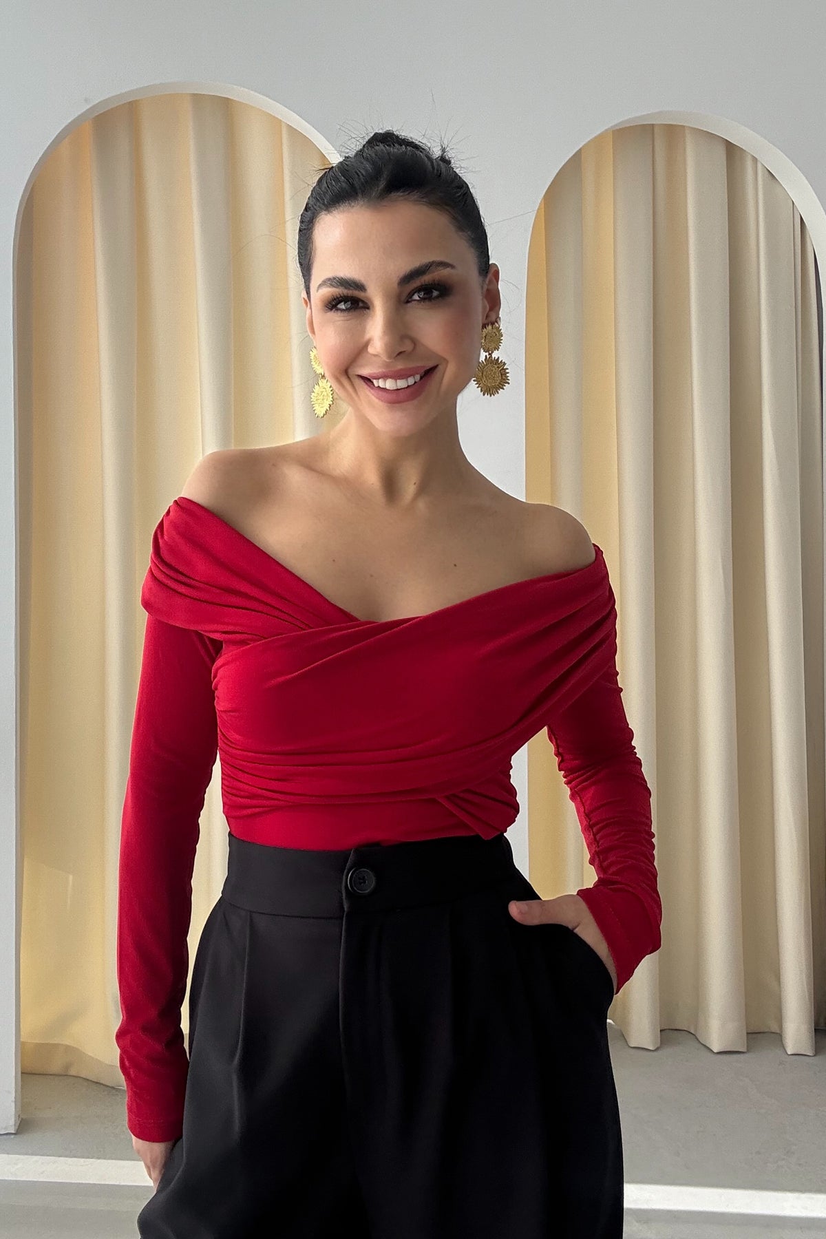 Kırmızı Çapraz Yakalı Bluz SY-3474-Kırmızı