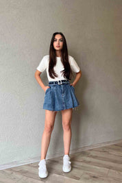 Mavi Pile Detaylı Cool Denim Etek SY-1887-Mavi