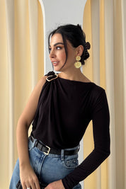 Siyah Akıcı Broşlu Body SY-3481-Siyah