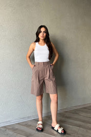 Kahve Tek Pile Detaylı Bermuda Şort SY-2149-Kahve