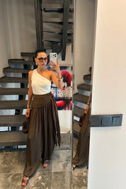 Kahverengi Kuşak Detaylı Dökümlü Şalvar Pantolon SY-3781-Kahverengi