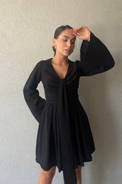 Siyah Mallorca Flare KolluYakası Detaylı Elbise SY-2374-Siyah