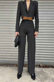 Antrasit Çizgili Tek Düğmeli Crop Ceket Pantolon Takım SY-0051-Antrasit