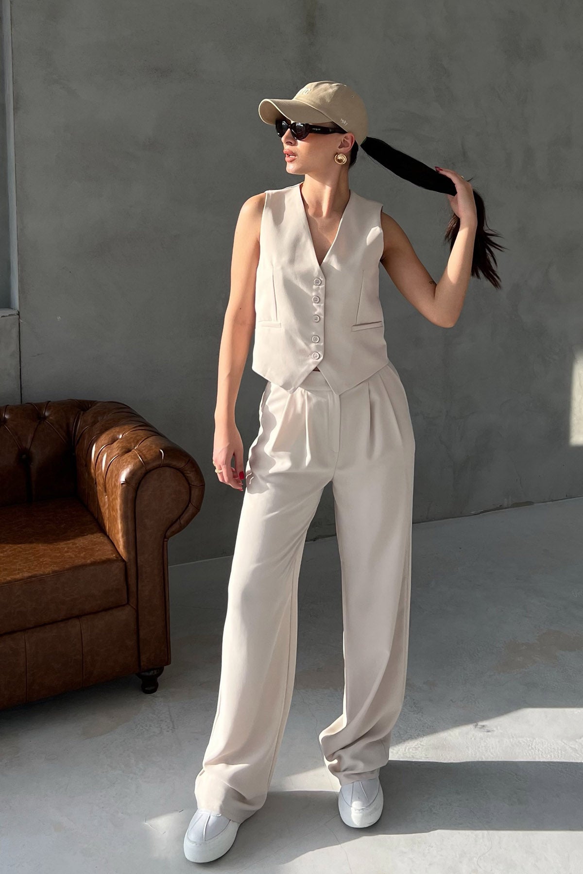 Taş Cep Detaylı Yelek Palazzo Pantolon Takım SY-2468-Taş