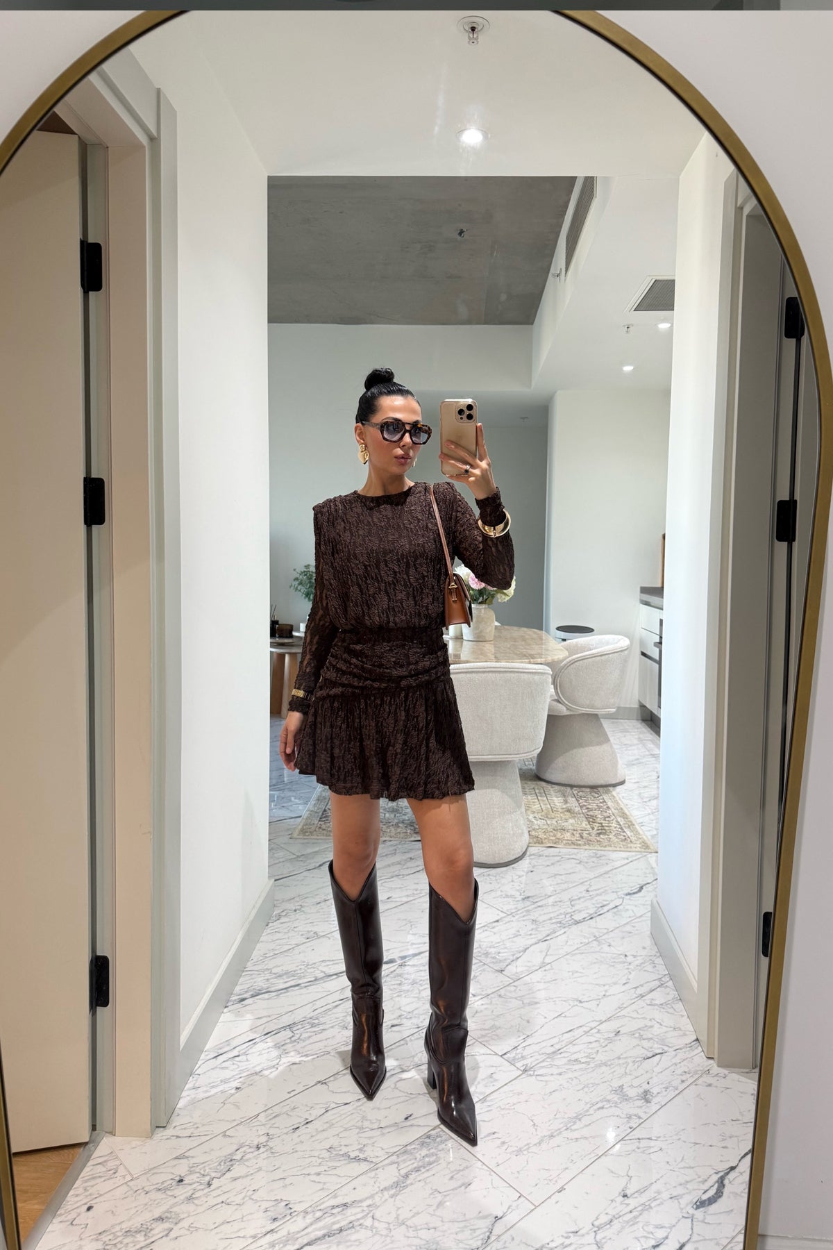 Kahverengi Güpürli Midi Tasarım Elbise SY-3489-Kahverengi