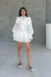 Mimoza Beyaz Fırfırlı Tasarım Mini Elbise SY-3201-Beyaz