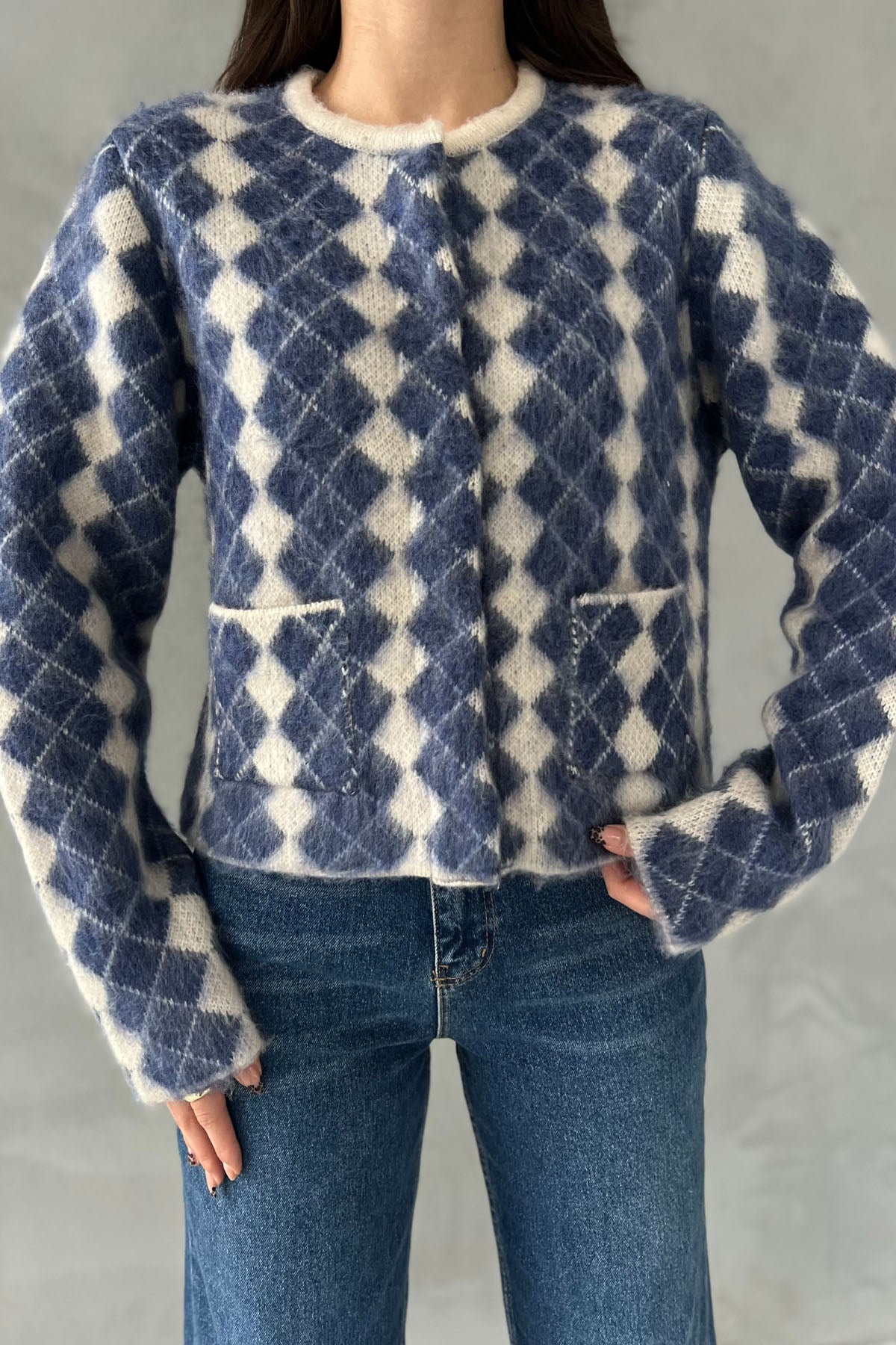 Beyaz Mavi Bisiklet Yaka Hırka SY-2821-Mavi