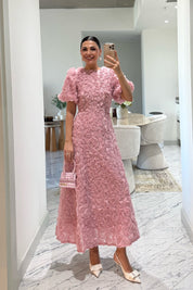 Gül Detaylı Pudra Rosella Özel Tasarım Elbise SY-3519-Pudra