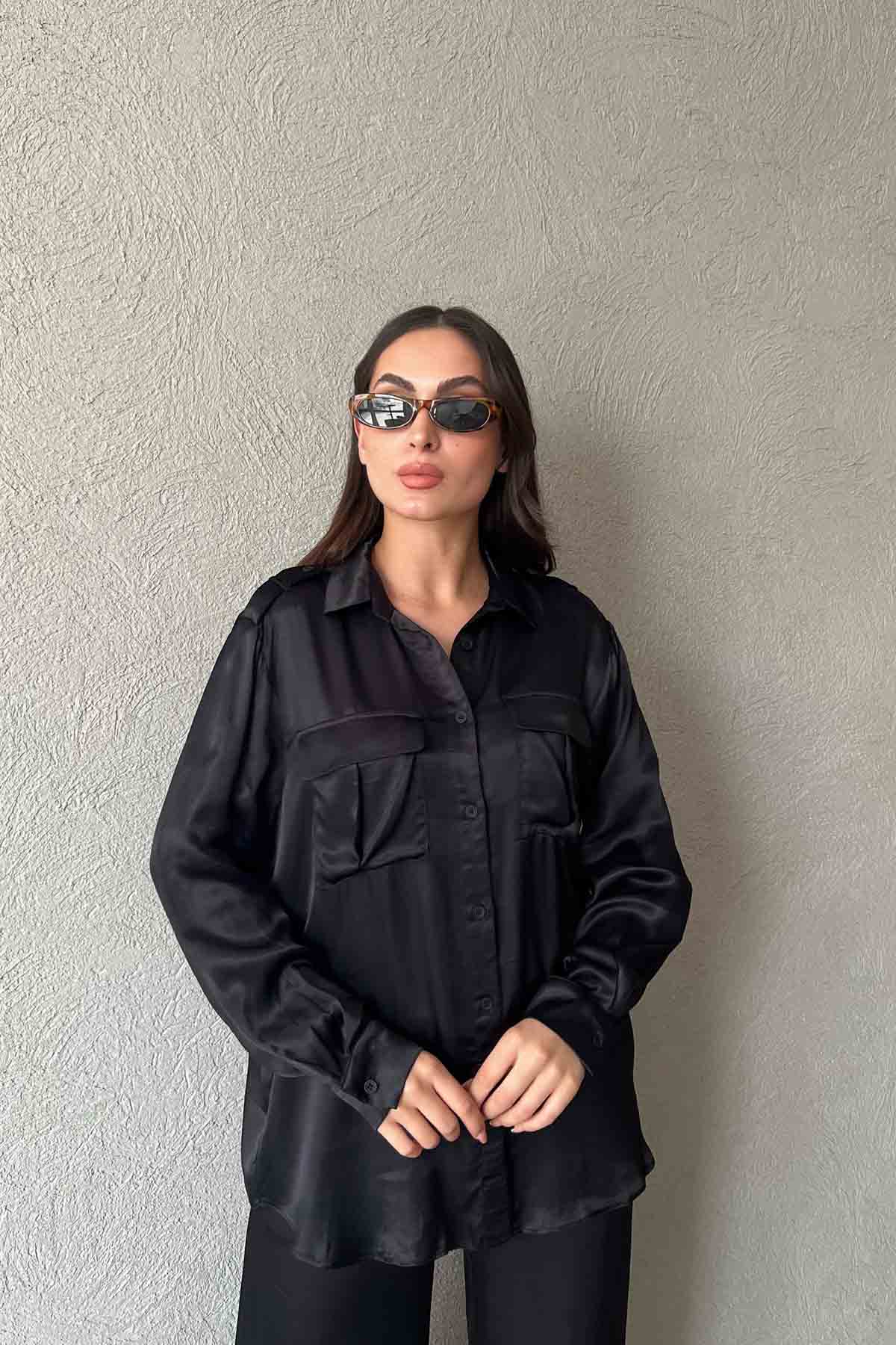 Siyah Saten Düğme Detaylı Gömlek Pantolon Takım SY-2008-Siyah