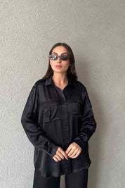 Siyah Saten Düğme Detaylı Gömlek Pantolon Takım SY-2008-Siyah