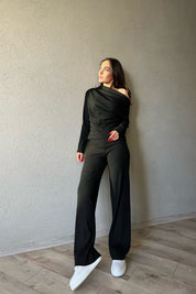 Siyah Asimetrik Fitilli Bluz ve Pantolon Triko Takım SY-1299-Siyah