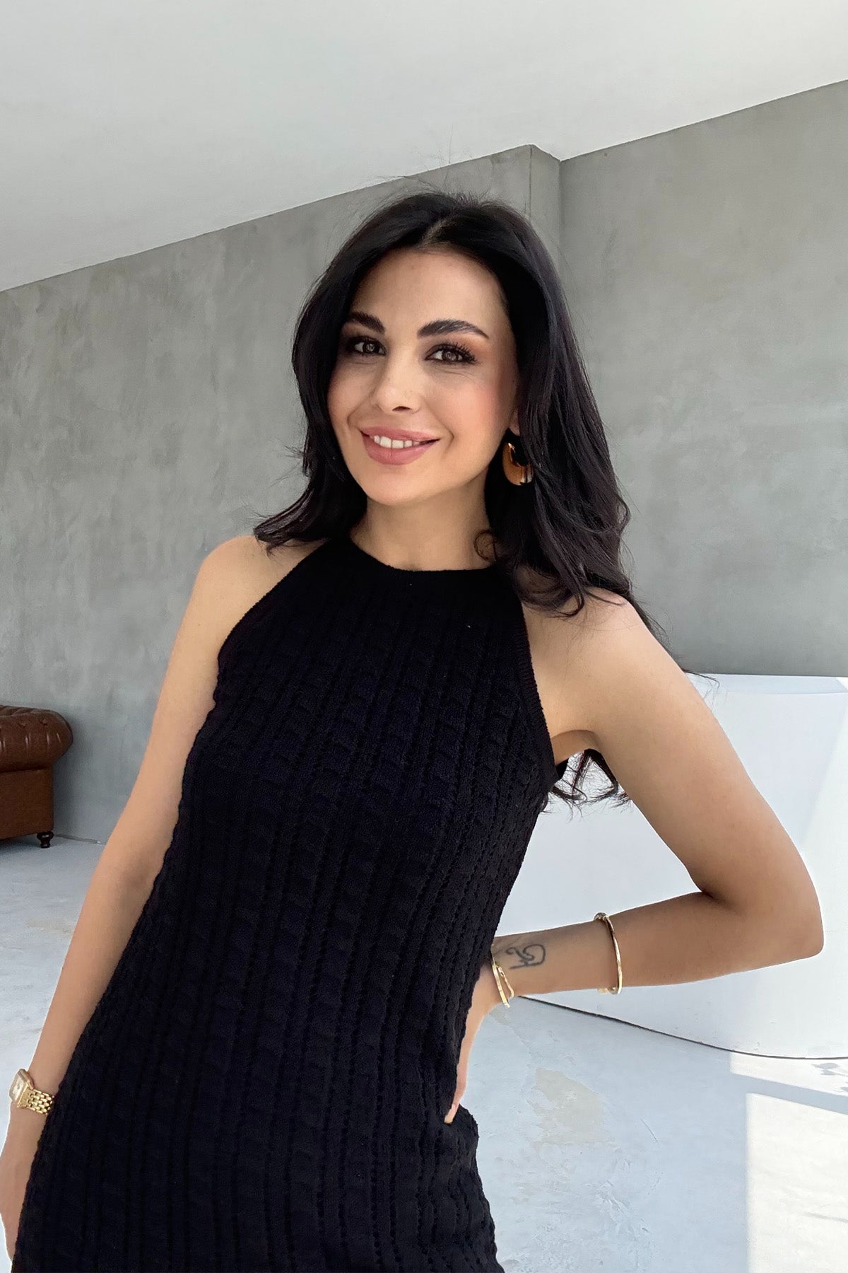 Kısa Siyah Ajurlu Triko Elbise SY-1941-Siyah