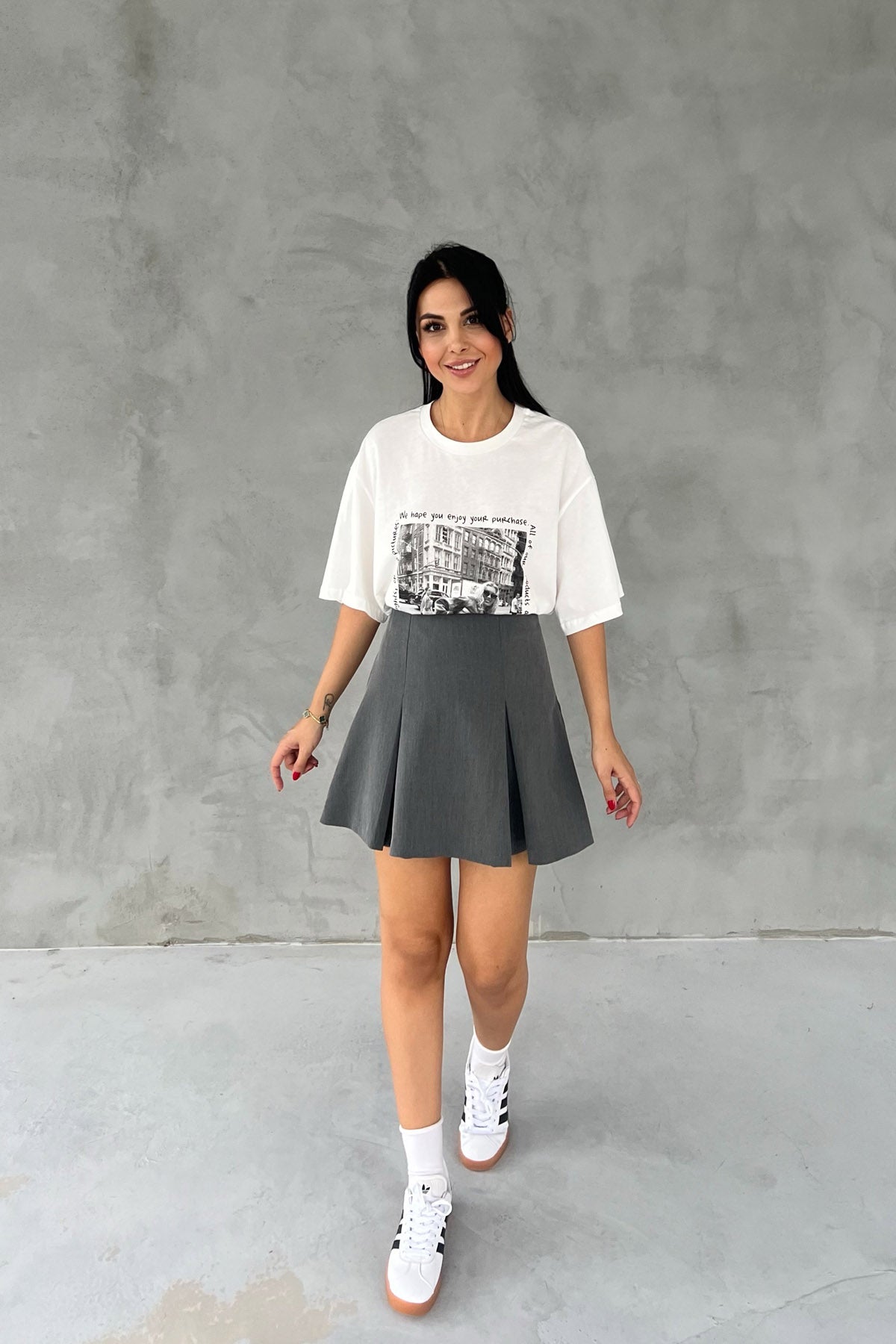 Gri Pileli Fermuarlı Mini Etek SY-2549-Gri