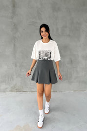 Gri Pileli Fermuarlı Mini Etek SY-2549-Gri