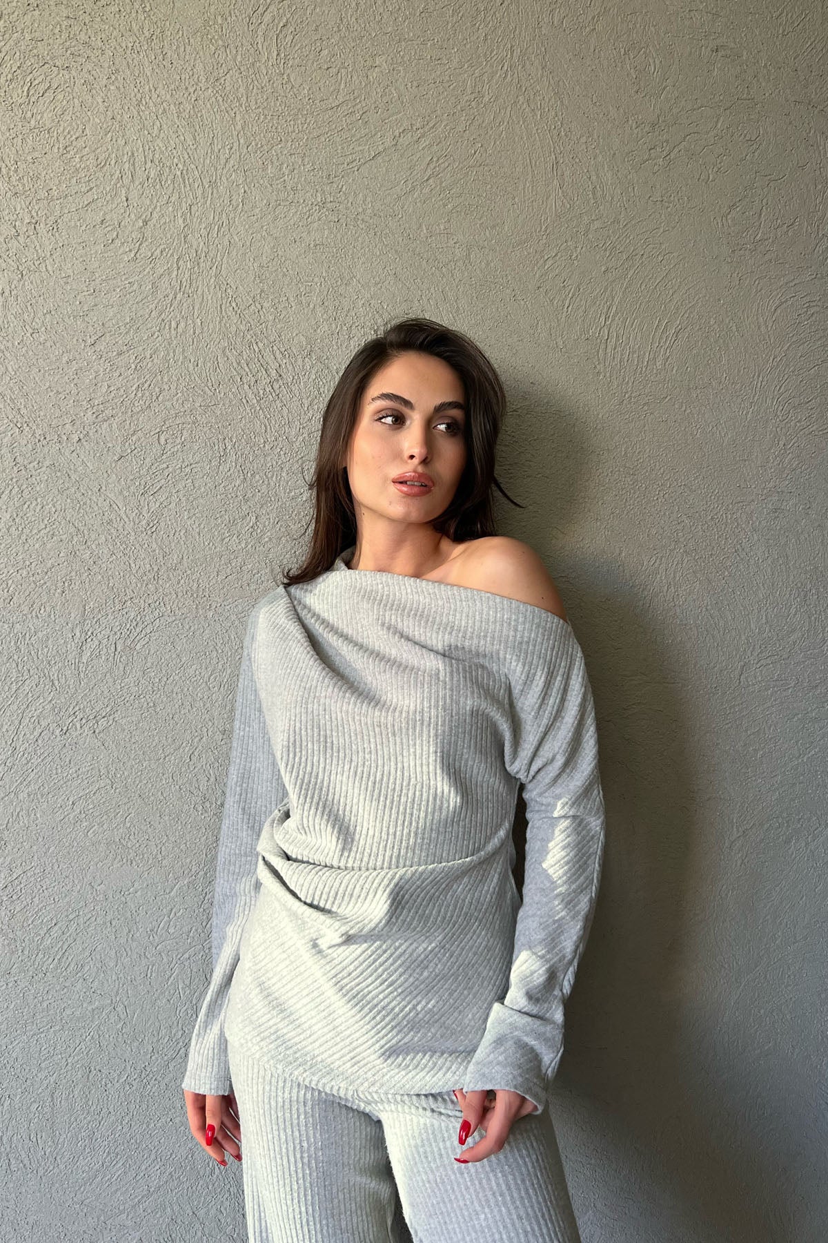 Gri Asimetrik Fitilli Bluz ve Pantolon Triko Takım SY-1299-Gri