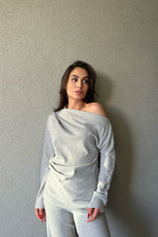 Gri Asimetrik Fitilli Bluz ve Pantolon Triko Takım SY-1299-Gri