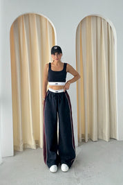 Lacivert Beli Ribanalı Şerit Detaylı Bol Paça Pantolon Bustiyer Takım SY-3319-Lacivert