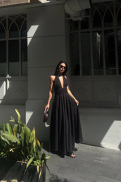 Siyah Puglia Tasarım Sırt Detaylı Keten Elbise SY-2263-Siyah