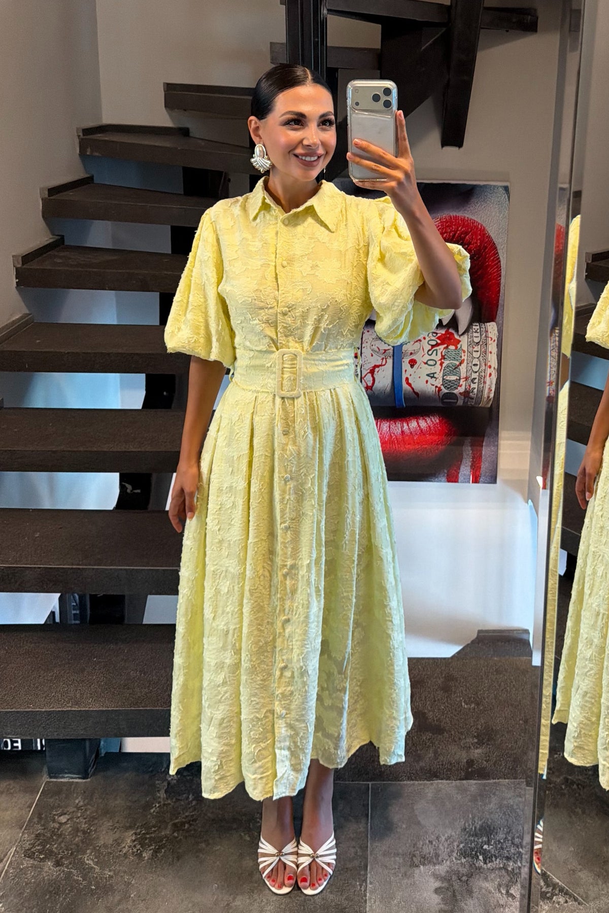 Yellow Princess Balon Kol Elbise SY-3792-Sarı