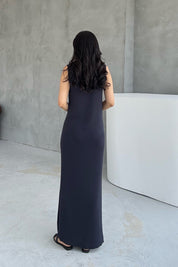 Füme V Yaka Merserize Yırtmaçlı Uzun elbise SY-3229-Füme