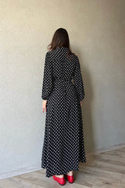 Siyah Puantiyeli Önü Düğmeli Kemer Detaylı Uzun Elbise SY-1585-Siyah