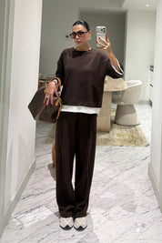 Kahve Beyaz Garnili Sweat Pantolon Takım SY-3913-Kahverengi