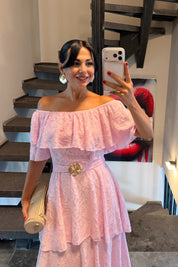 Alora Pembe Kat Kat Volanlı Elbise SY-3807-Pembe